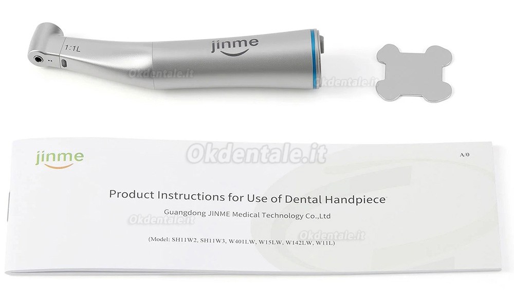 Manipolo contrangolo dentale Jinme W11L 1:1 con fibra ottica e canale interno